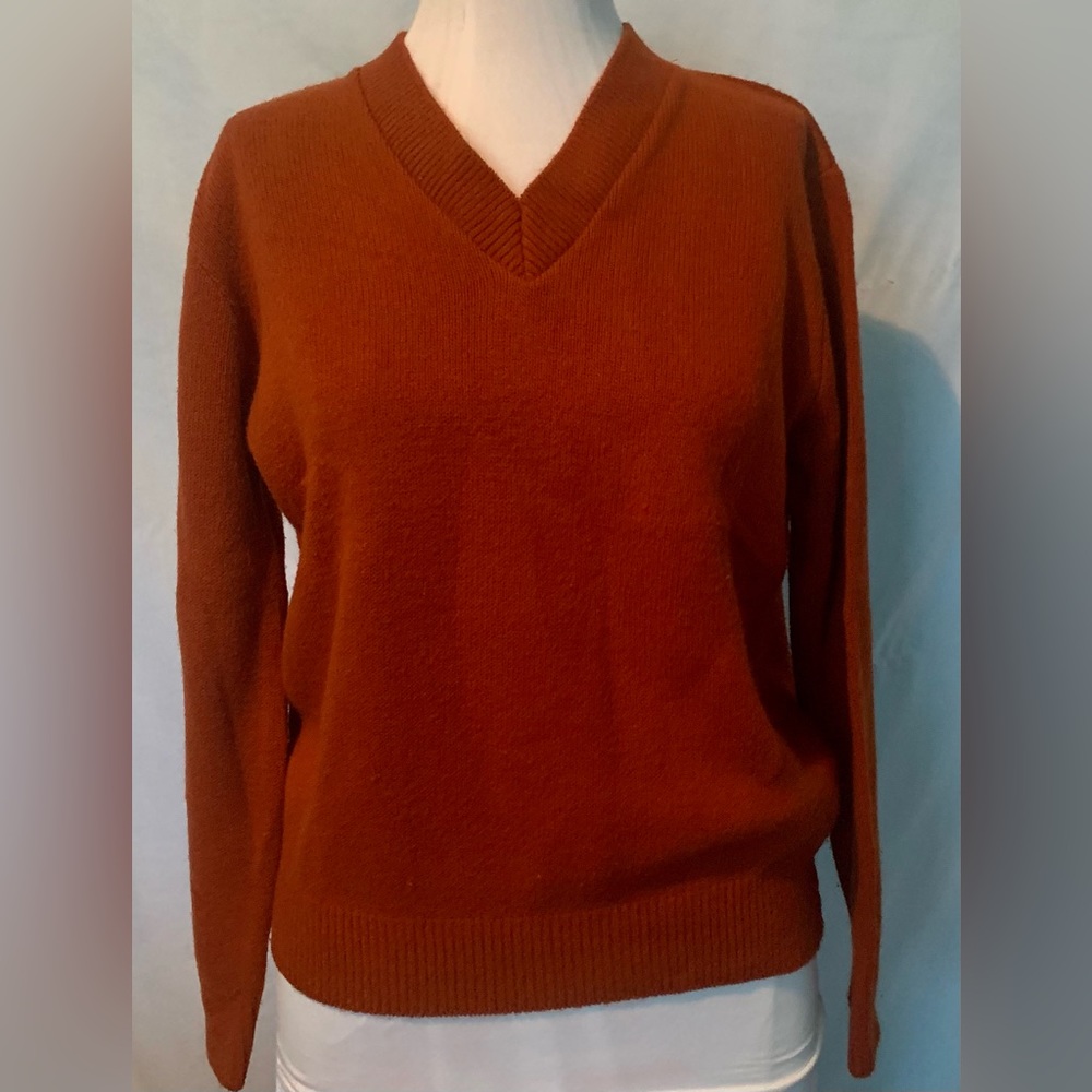 Sweetree Vintage Hand Knit Sweater • Burnt Orange• V- Neck • Wool & Acrylic•Sz M